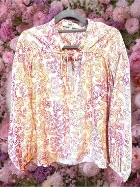Joie Pale Pink Silk Blouse with Dark Pink and Green Floral Print size Medium